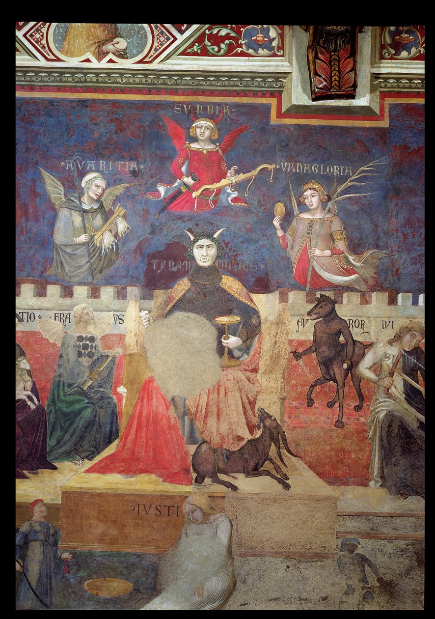 Allegori om dålig regering, detalj om girighet, stolthet, fåfänga, tyranni, bedrägeri och ilska, 1338-40 av Ambrogio Lorenzetti