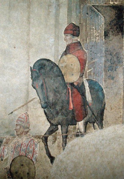 Allegory of Bad Government, detalj av en beväpnad ryttare av Ambrogio Lorenzetti