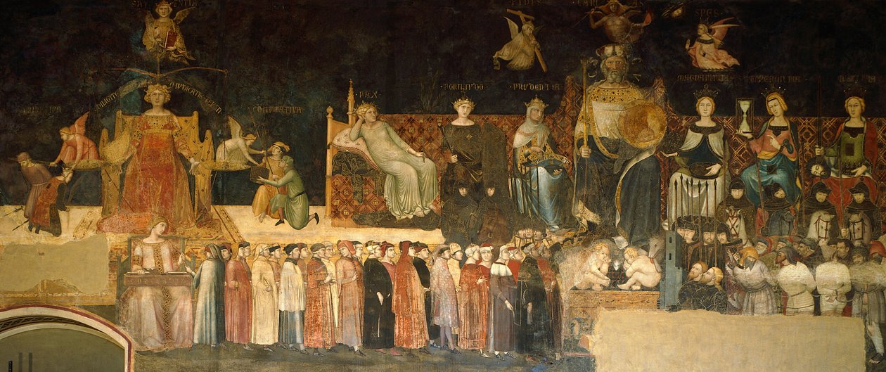 Allegory of Good Government, detalj från Allegory and effects of good and dålig regering i stad och land av Ambrogio Lorenzetti (aktiv 1285-1348), fresk, Hall of Peace, Palazzo Publico, Siena av Ambrogio Lorenzetti