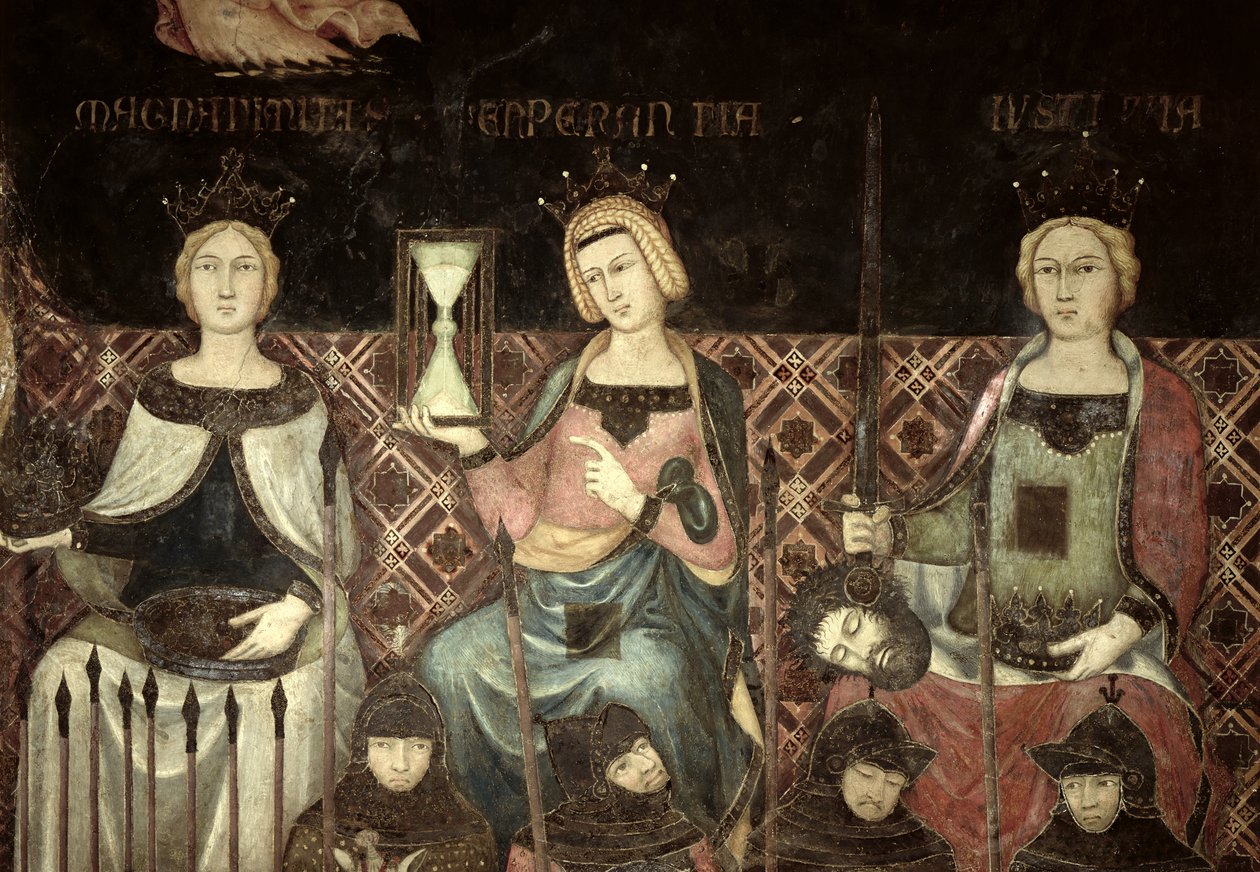 Allegory of Good Government, detalj om rättvisa, hopp och storhet, 1338-40 av Ambrogio Lorenzetti