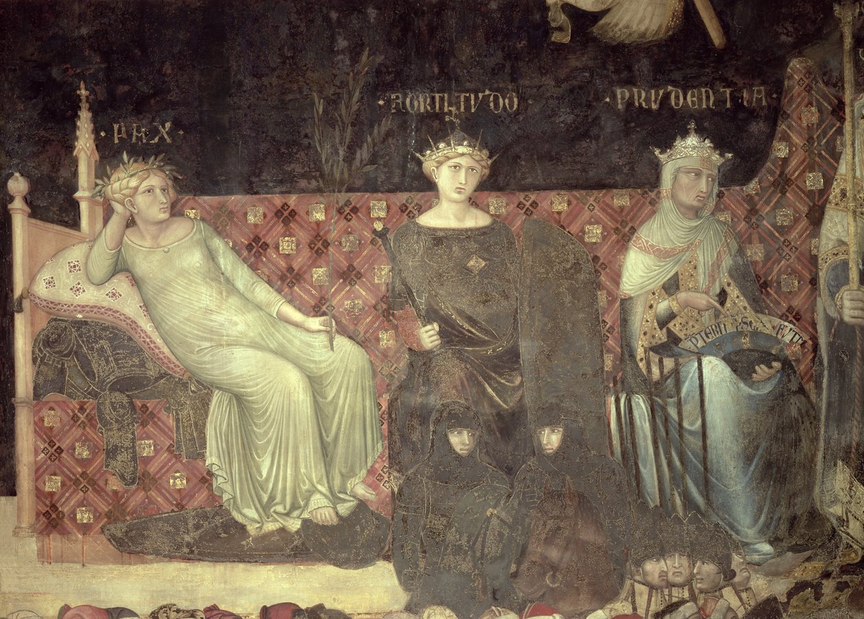 Allegori om god regering, detalj om fred, styrka och försiktighet, 1338-40 av Ambrogio Lorenzetti