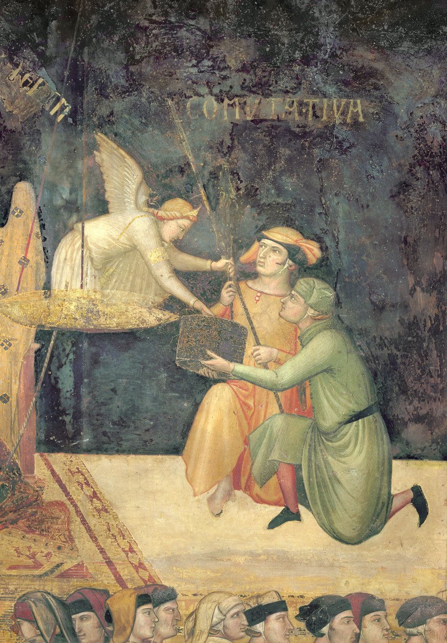 Allegory of Good Government, detalj om effekten av kommutativ rättvisa, 1338-40 av Ambrogio Lorenzetti