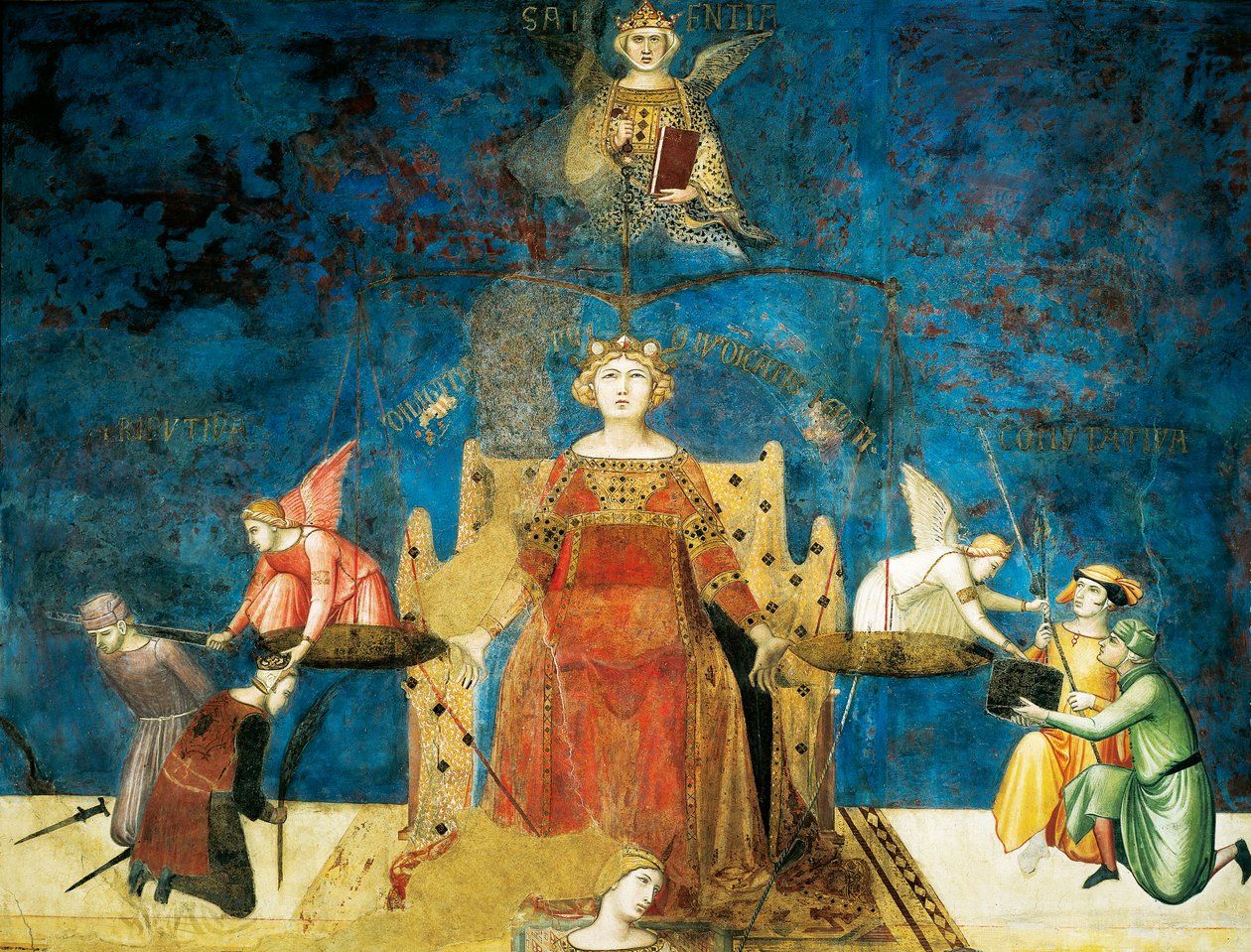 Allegori om god regering, visdom och rättvisa, detalj från allegori och effekter av god och dålig regering i stad och land av Ambrogio Lorenzetti
