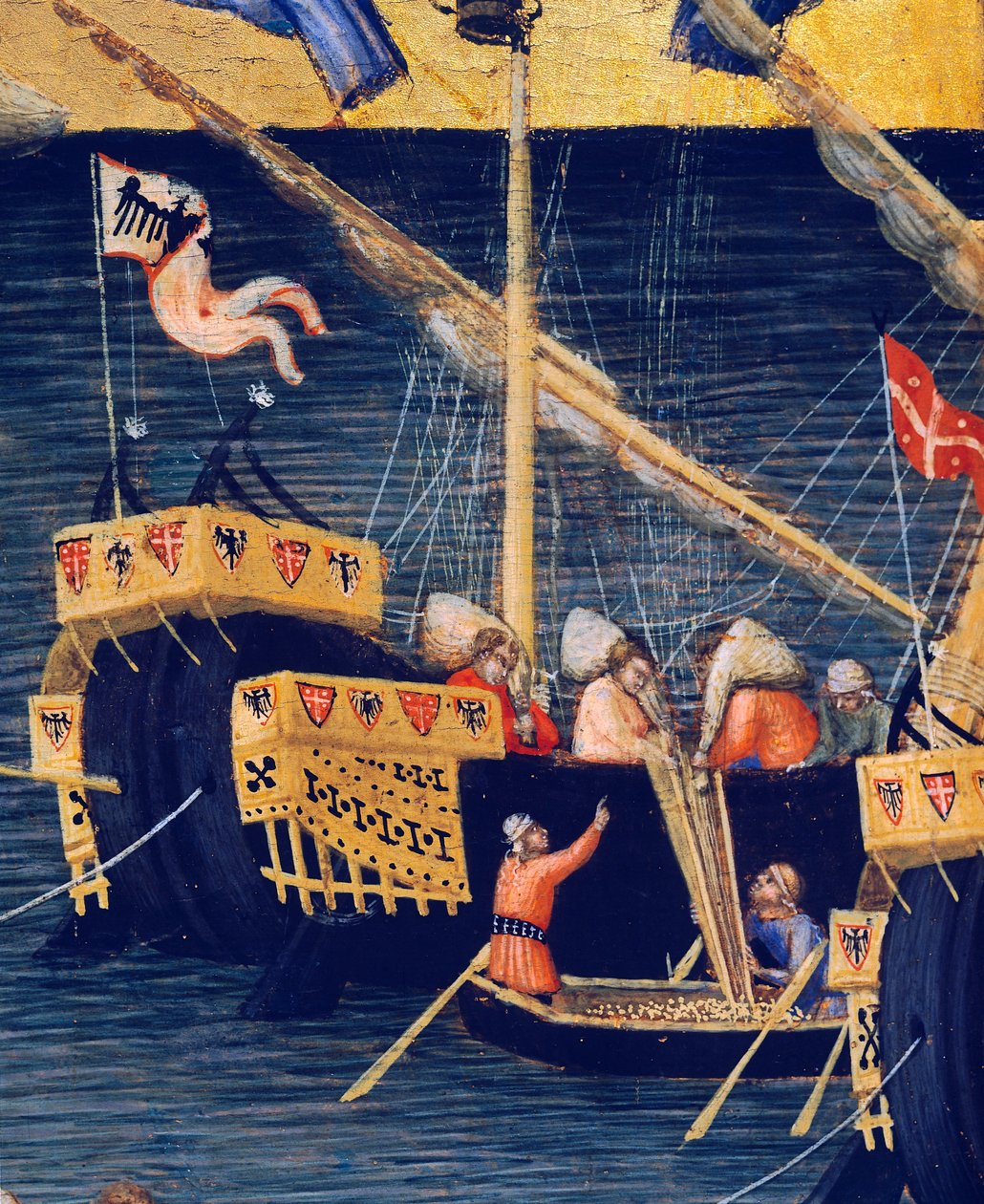 Båtar, detalj från vetemirakel, mirakel från St. Nicholas av Bari av Ambrogio Lorenzetti