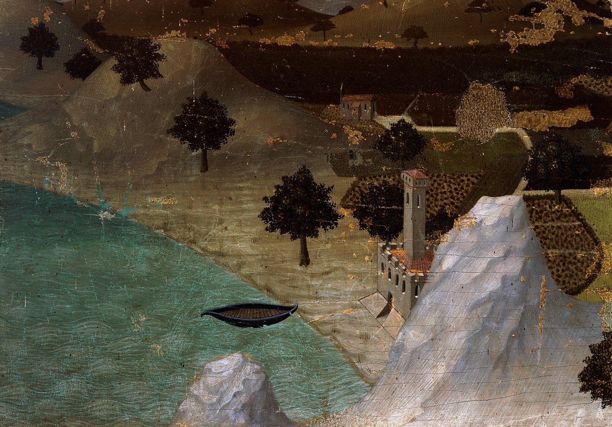 Slott vid sjöstranden, av Ambrogio Lorenzetti (1290-ca 1348), Tempera på trä, 22,5x33 cm av Ambrogio Lorenzetti