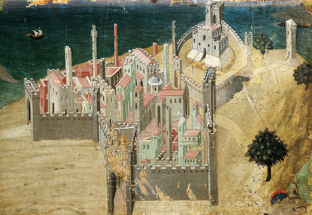 Stad vid havet, av Ambrogio Lorenzetti (1290-ca 1348) Tempera och guld på trä, 22,5x33,5 cm av Ambrogio Lorenzetti