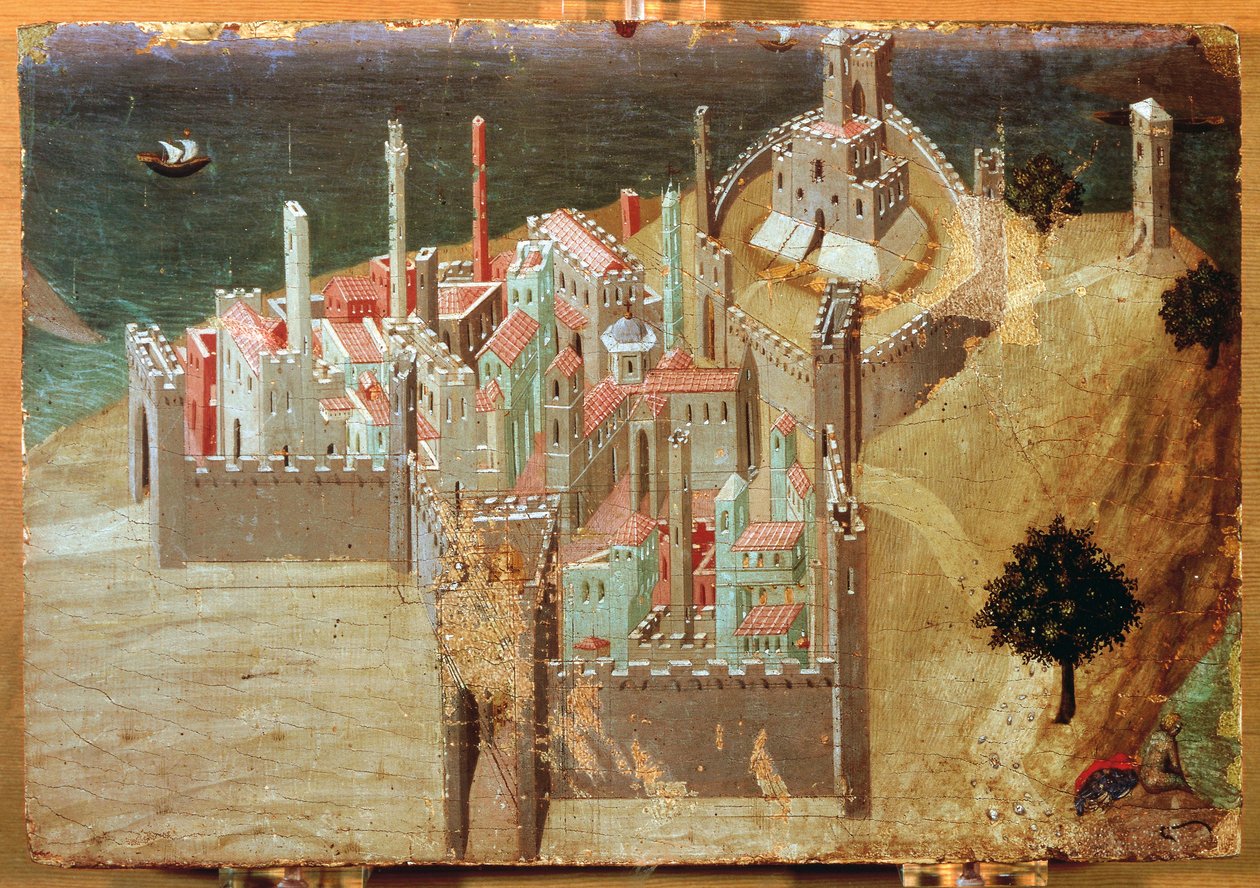 Stad vid havet, av Ambrogio Lorenzetti (1285-1348), målning på trä, 22x33 cm. av Ambrogio Lorenzetti