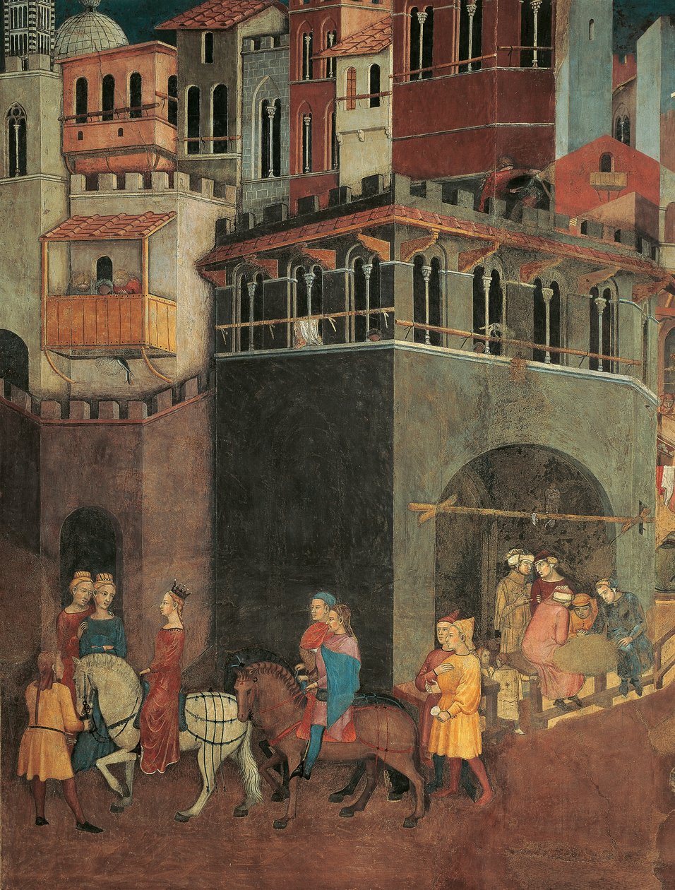 Effekter av god regering i städer, procession av adel på stadens gator, detaljer om allegori och effekter av god och dålig regering på stad och land av Ambrogio Lorenzetti