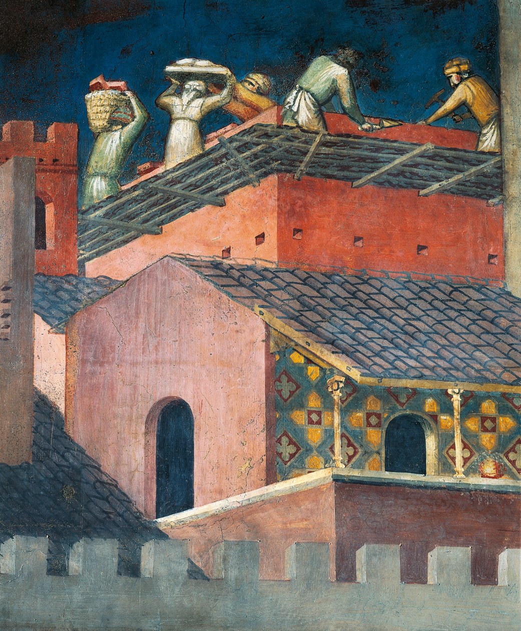 Effekter av god regering i städer, murare på jobbet, detaljer från Allegory och effekter av god och dålig regering i stad och land av Ambrogio Lorenzetti