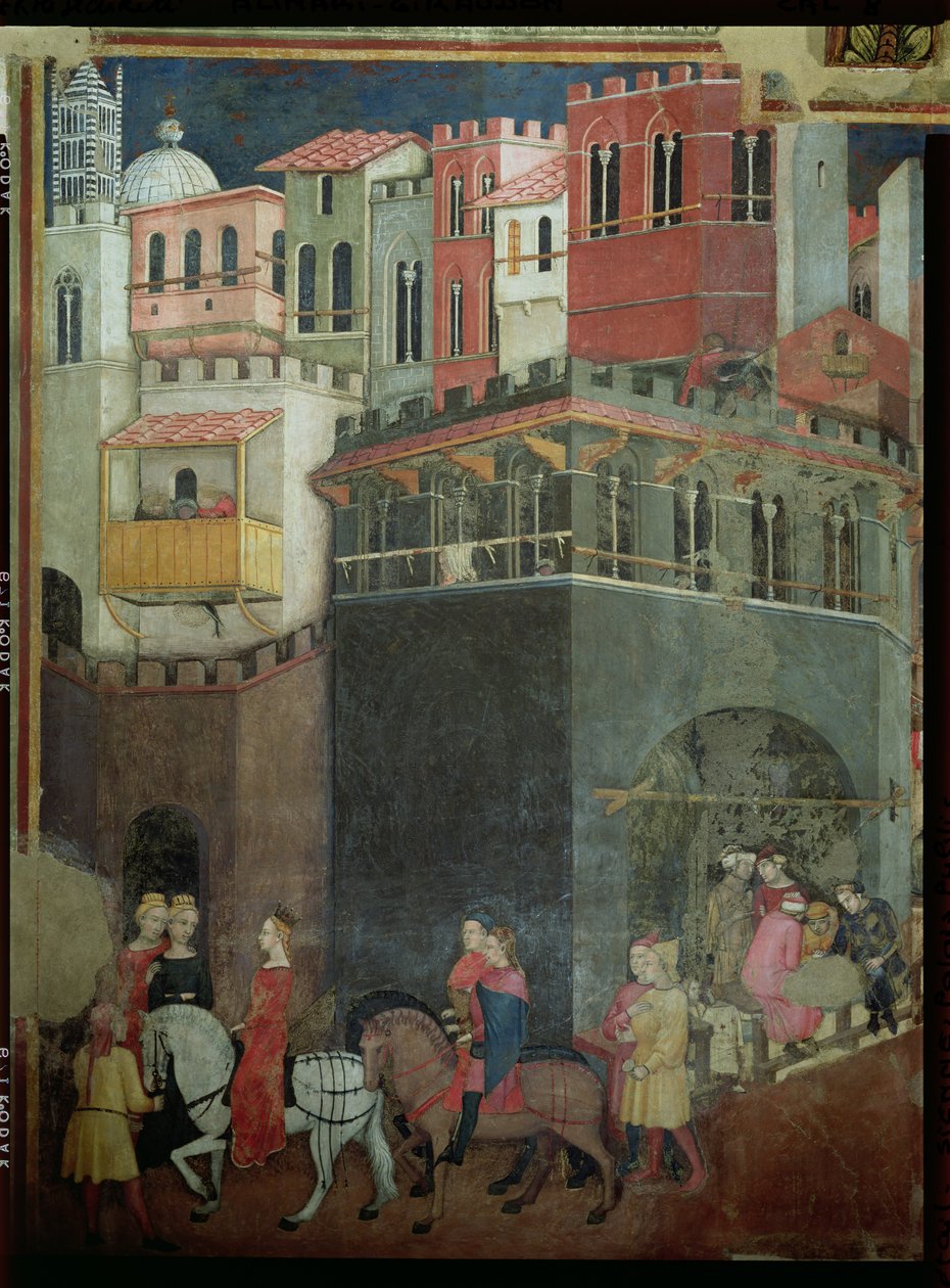 Effekter av gott styre i staden, detalj av arkitektur och medborgare, 1338-40 av Ambrogio Lorenzetti