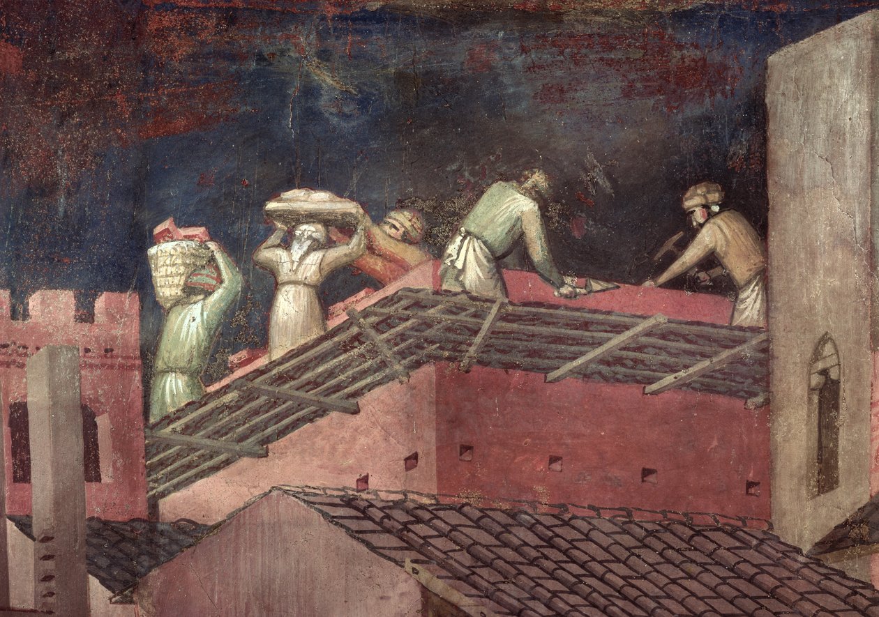 Effekter av god regering i staden, detalj av arbetare som bygger ett hus av Ambrogio Lorenzetti