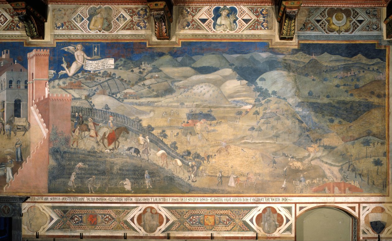 Effekter av god regering på landsbygden Cykel av fresker The Allegory of the Good and Bad Government, 1338-1339 av Ambrogio Lorenzetti
