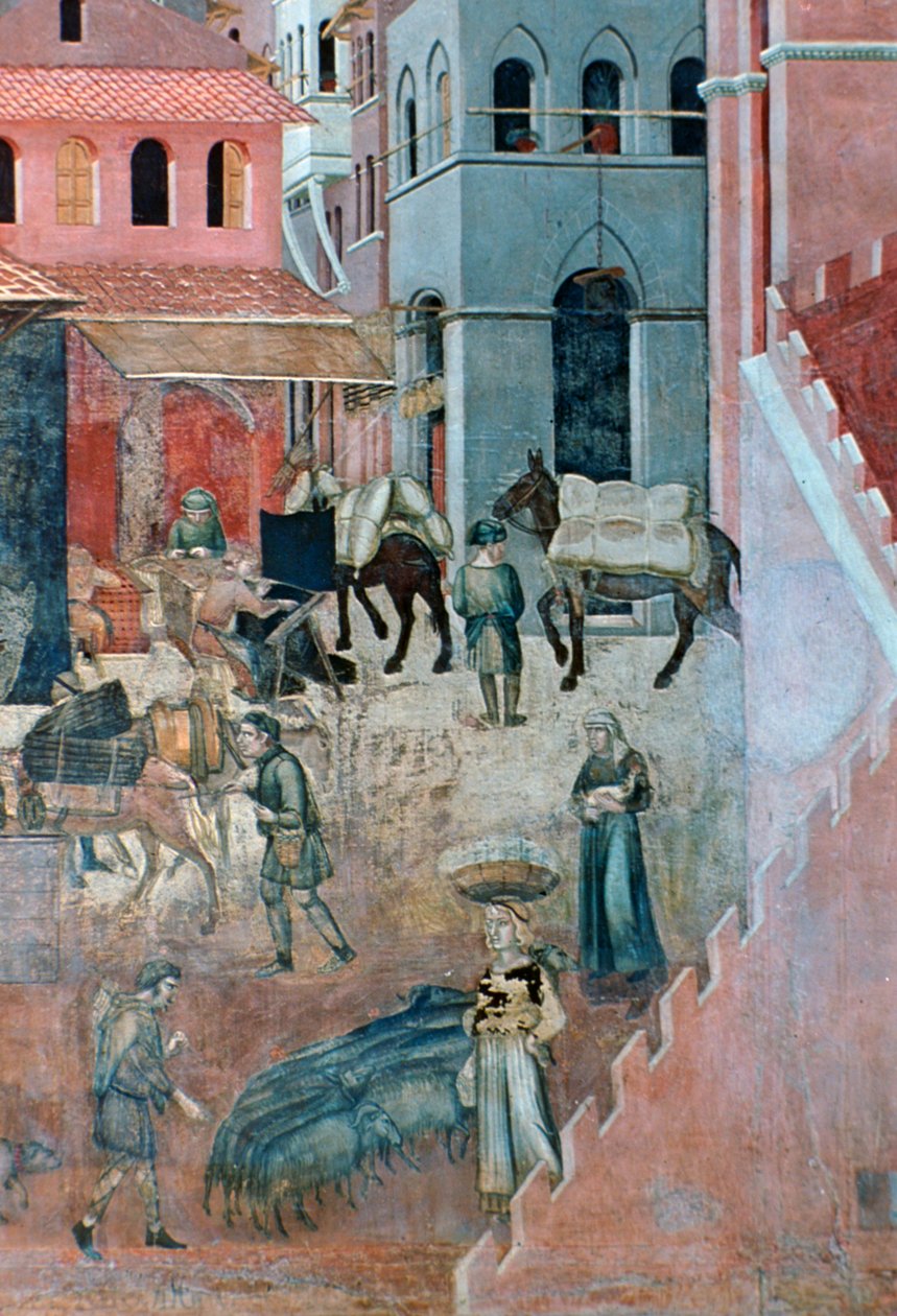 Effekter av god regering på stadslivet, detalj, 1338-1340 av Ambrogio Lorenzetti