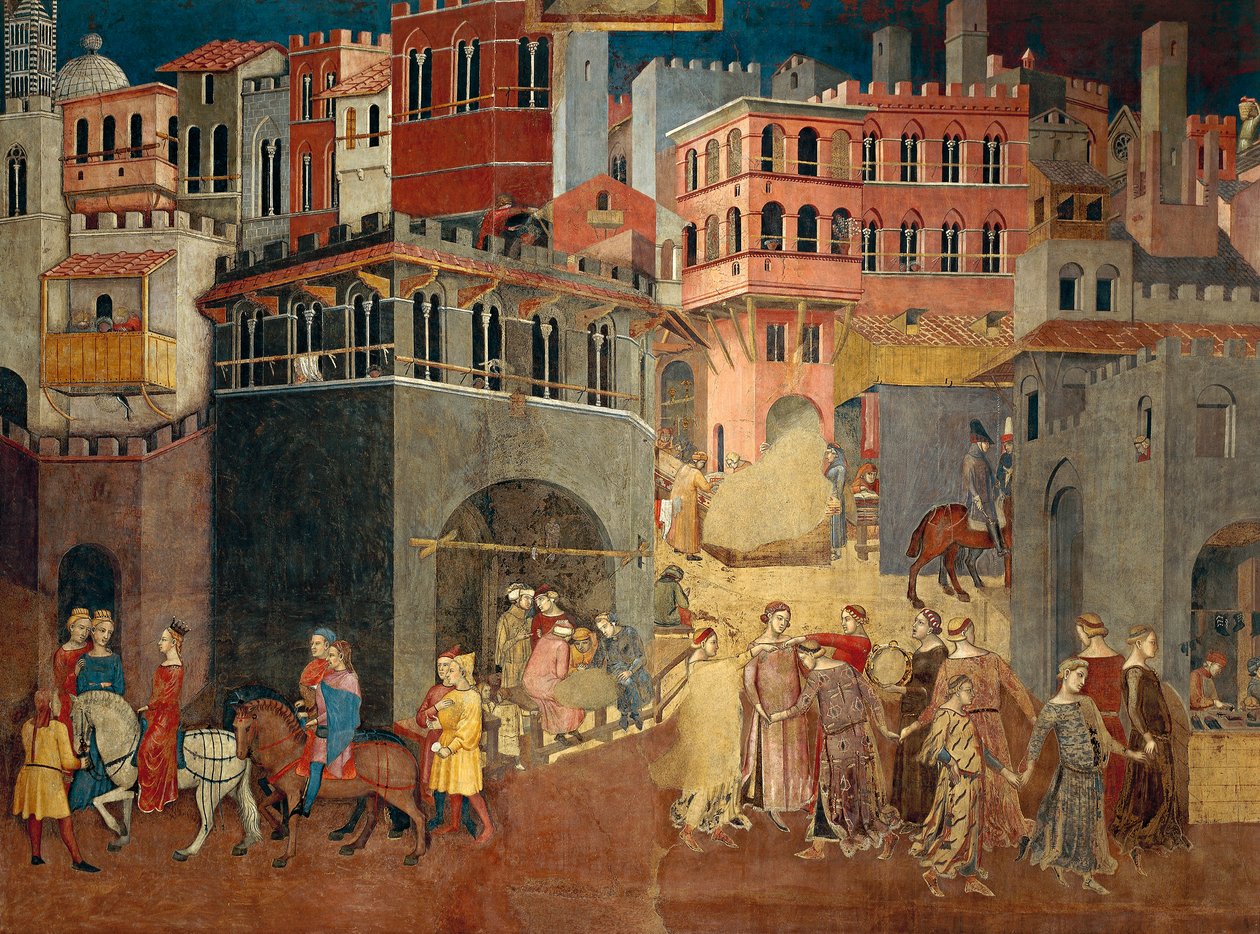 Effekter av god regering i stad, detalj från Allegory och effekter av god och dålig regering i stad och land av Ambrogio Lorenzetti