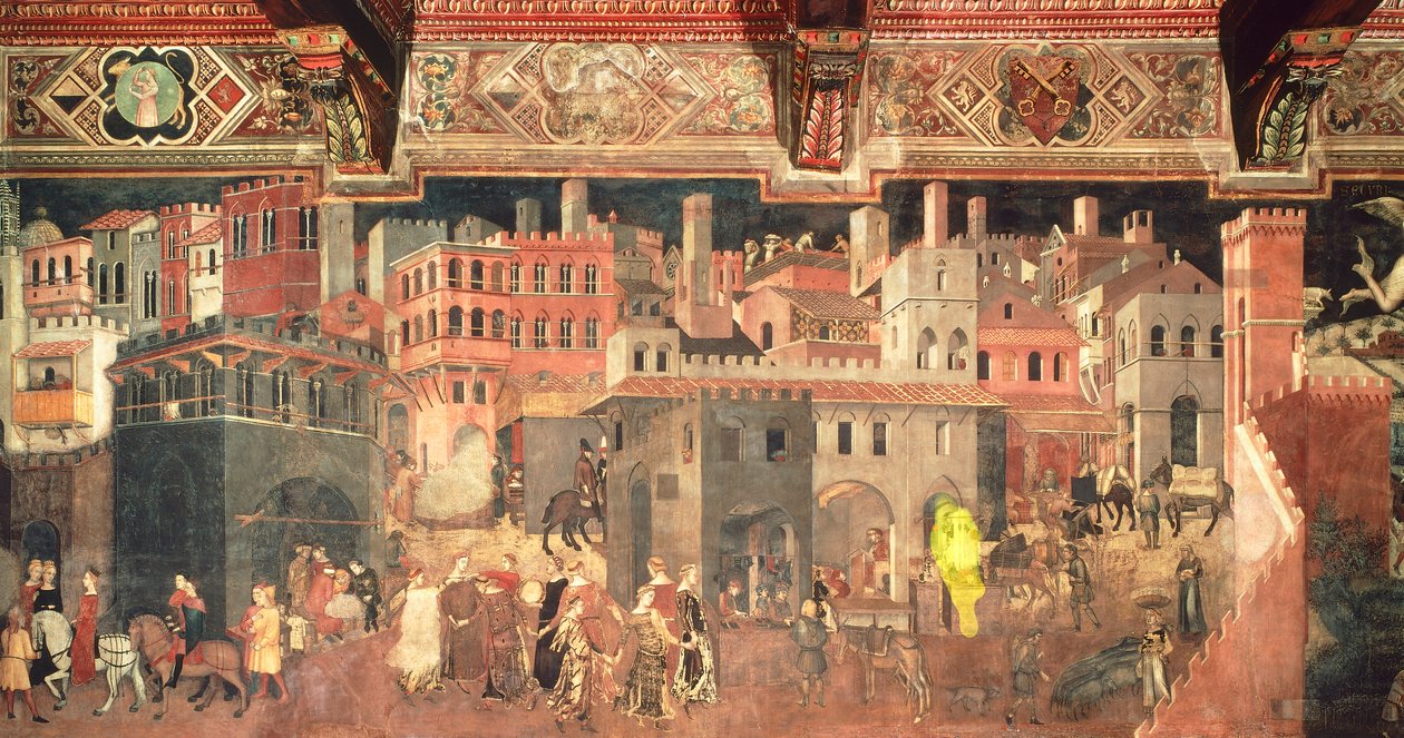 Effekter av god regering i stad, detalj från allegorin och effekter av bra och dålig regering i stad och land av Ambrogio Lorenzetti