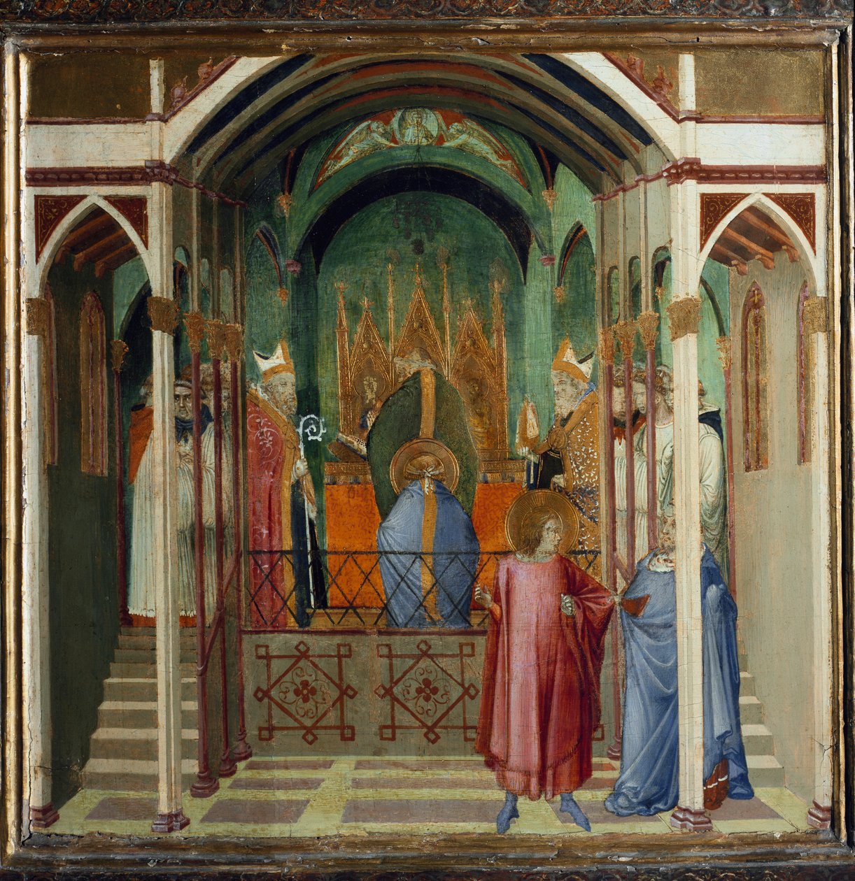 Val av Nicholas till biskop av Myra. Scener ur St Nicholas liv (Tempera på trä av Ambrogio Lorenzetti