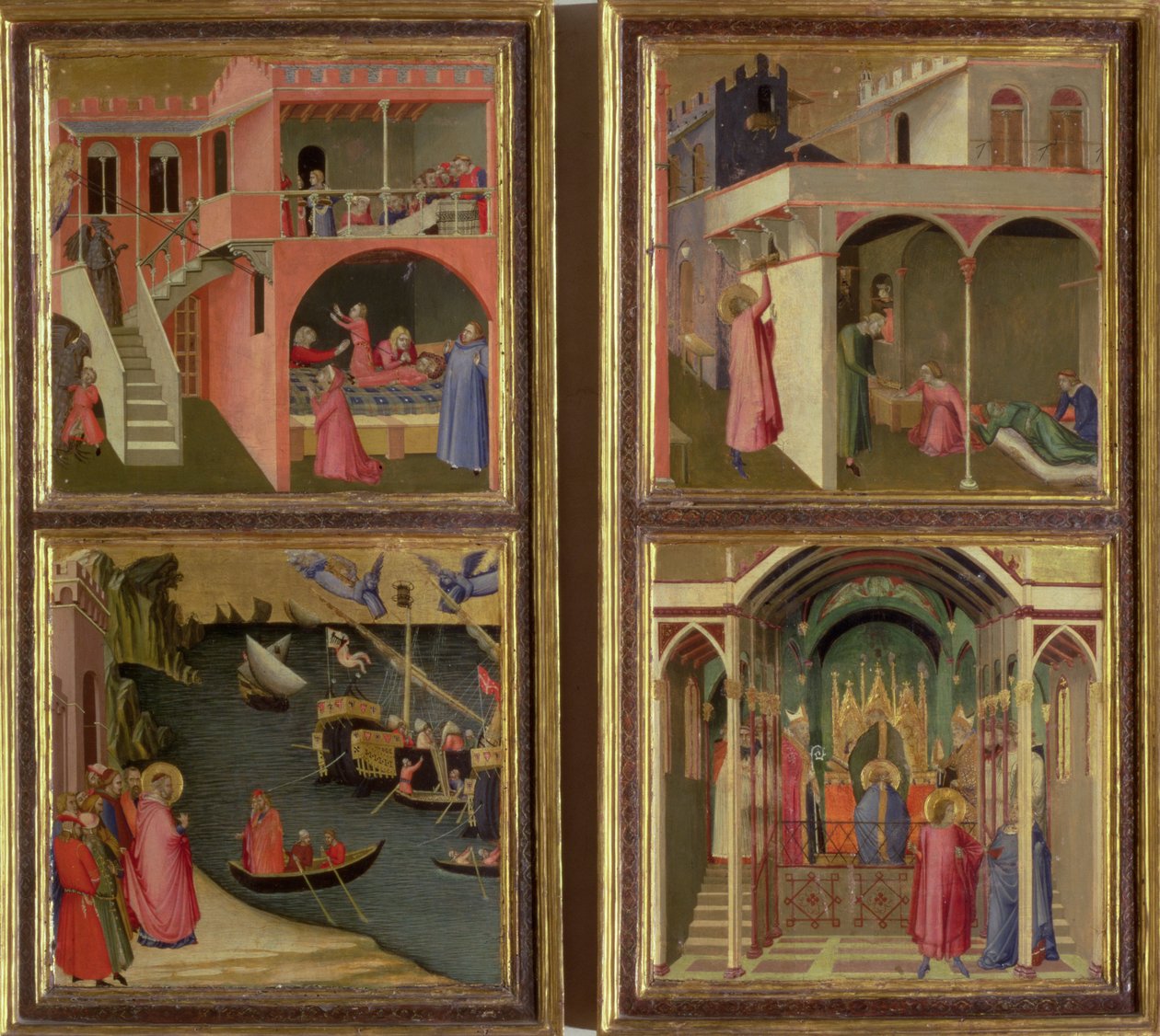 Fyra scener ur St. Nicholas liv: St. Nicholas ger tre flickor sin hemgift; St Nicholas valdes till biskop av Mira; Återuppliva en pojke som strypts av djävulen; Att befria Mira från svält av Ambrogio Lorenzetti