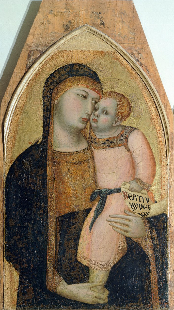Madonna och barn, detalj från Triptyk föreställande Madonna och barn med Maria Magdalena och St Dorothea av Ambrogio Lorenzetti (1290-ca 1348), olja på trä av Ambrogio Lorenzetti