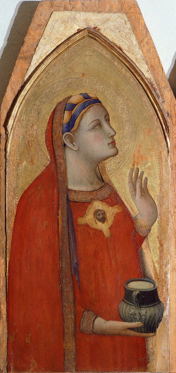 Maria Magdalena, detalj från triptyk föreställande Madonnan och barnet med Maria Magdalena och den heliga Dorothea av Ambrogio Lorenzetti (1290-ca 1348), olja på trä av Ambrogio Lorenzetti