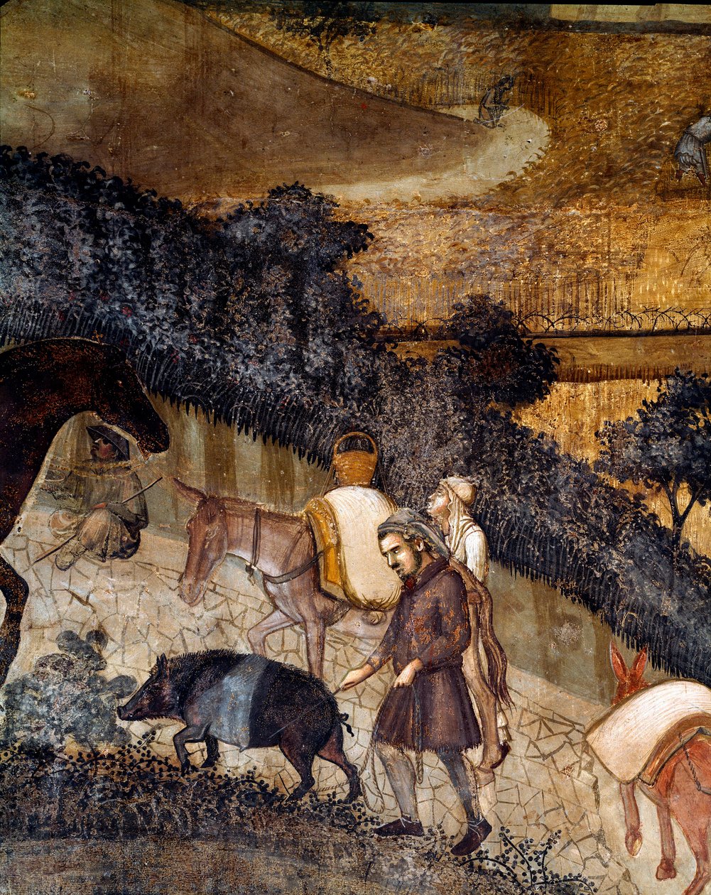 Bönder som plöjer åkrarna. Detalj av effekterna av bra och dåligt styre på staden och landsbygden. (Fresk av Ambrogio Lorenzetti
