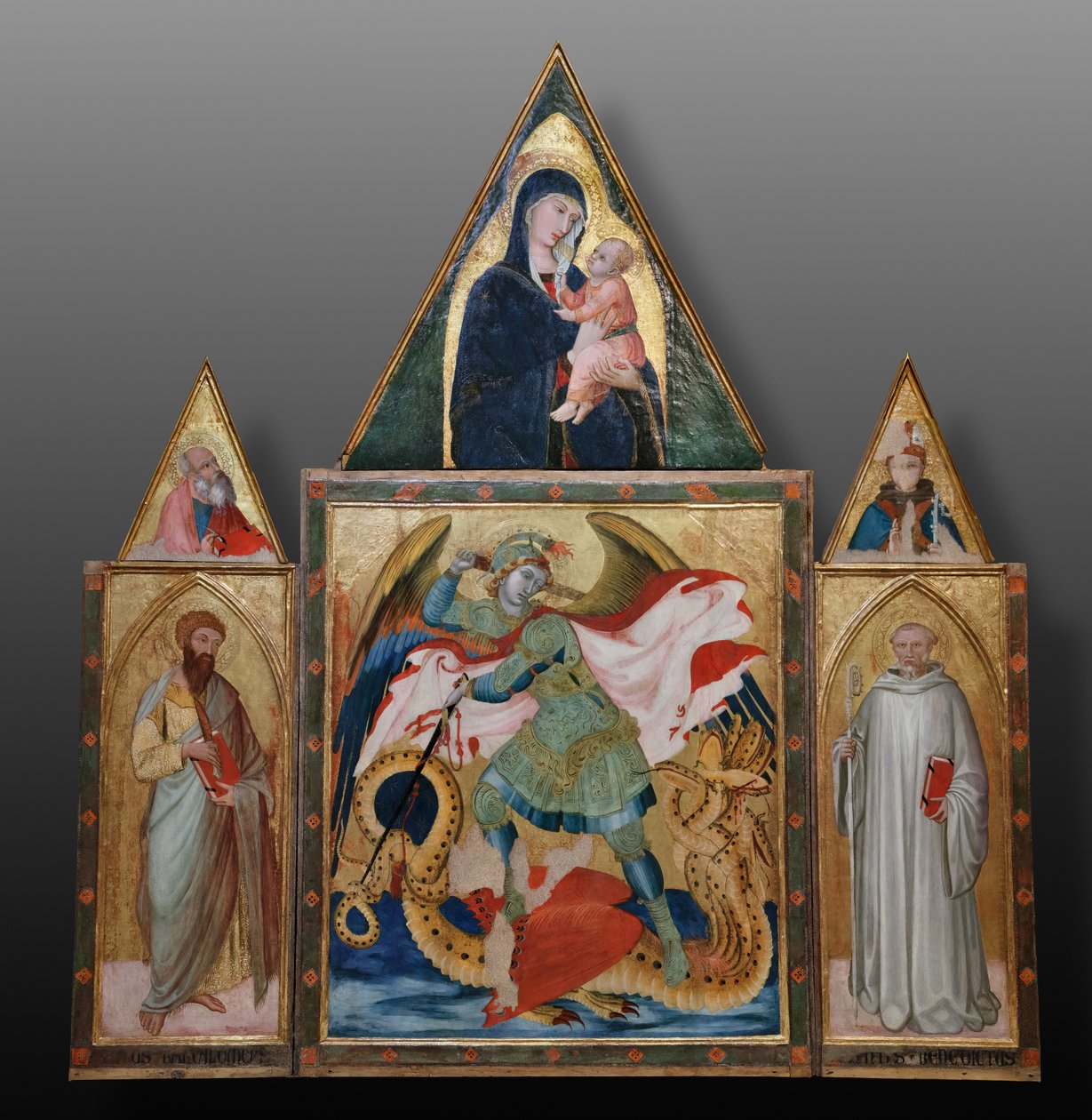 Ärkeängeln Sankt Mikael dräper draken mellan Benedictus och Bartolomeus (tempera på pannå) av Ambrogio Lorenzetti
