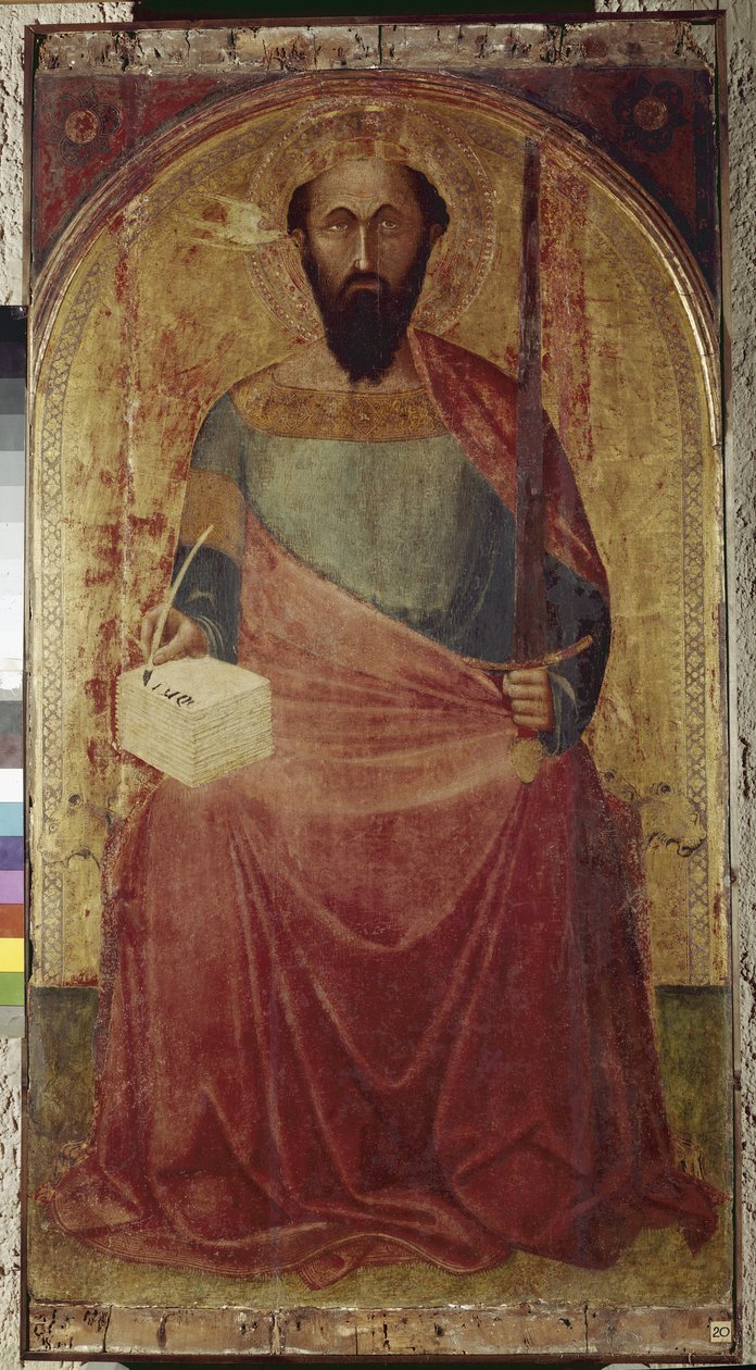 Sankt Paul. Målning av Ambrogio Lorenzetti (1290-1348). Måla på trä. Roccalbegna (Grosseto), de heliga Petrus och Paulus kyrka av Ambrogio Lorenzetti