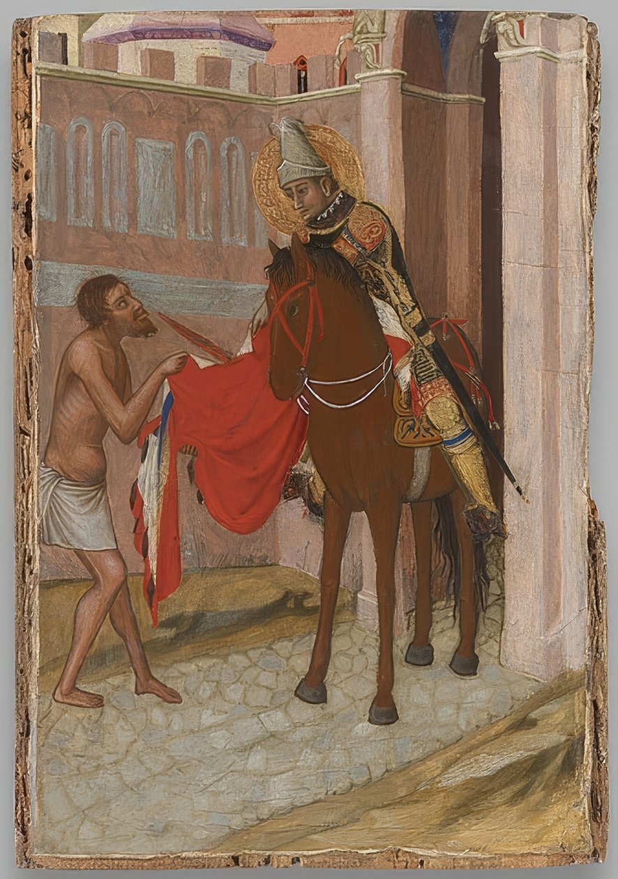 Saint Martin av Tours delar sin mantel med en tiggare. Omkring 1340 av Ambrogio Lorenzetti