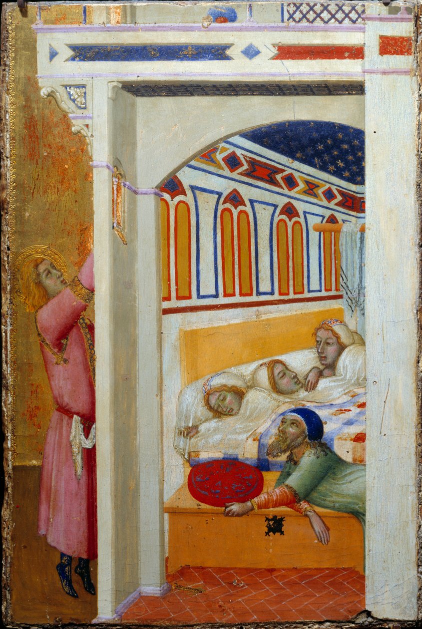 The Charity of St. Nicholas of Bari (eller St. Nicholas of Myra, 270-345). När Nicolas får reda på att en pappa inte kan ge en hemgift till sina tre unga döttrar, kastar han pengar genom ett fönster under natten. Målning av Ambrogio Lorenzetti (v 1290 - 1 av Ambrogio Lorenzetti