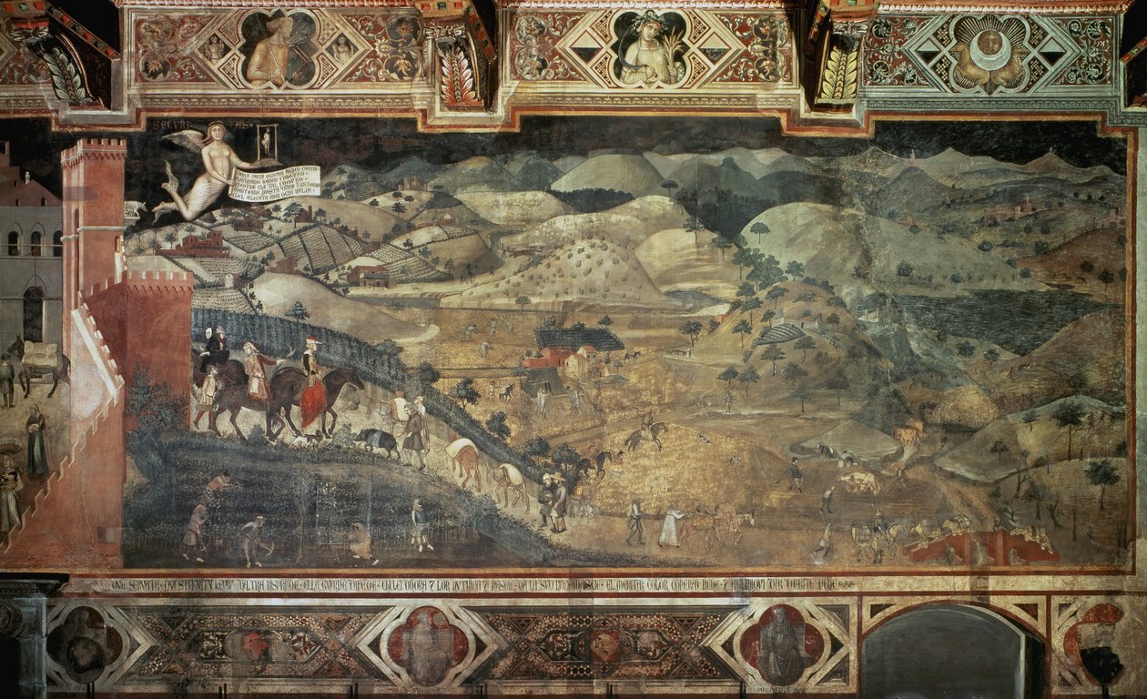 Landsbygden (detalj av Effekterna av gott styre i städer och på landsbygden) - Fresk av Ambrogio Lorenzetti (1285-1348?) , 390x810 cm av Ambrogio Lorenzetti