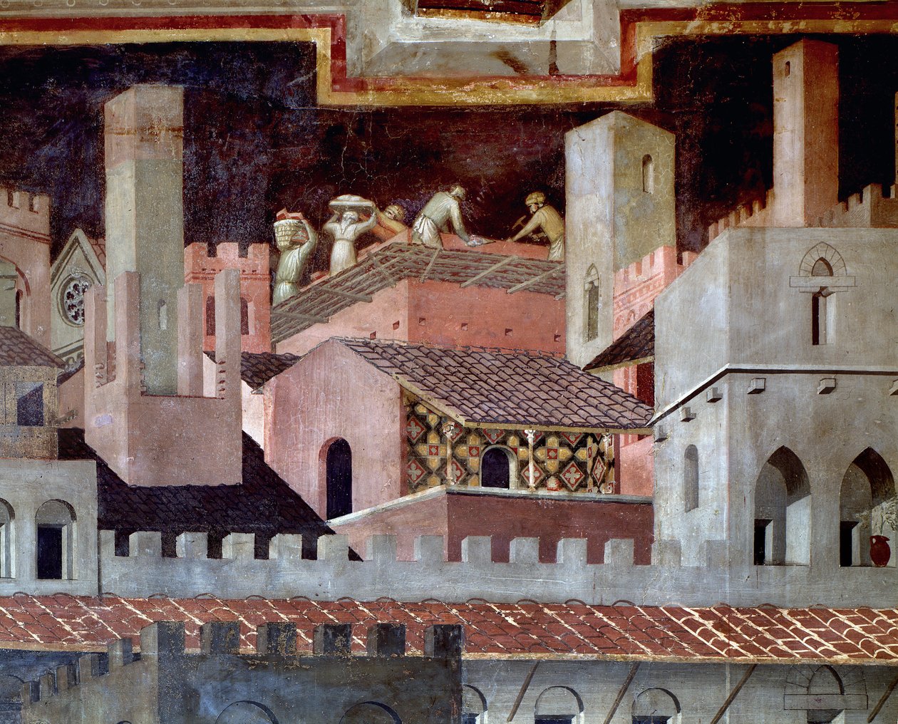 Effekterna av bra och dåligt styre på staden och landet. Detalj av effekterna av god regering i staden - 1338-1340, Fresco av Ambrogio Lorenzetti