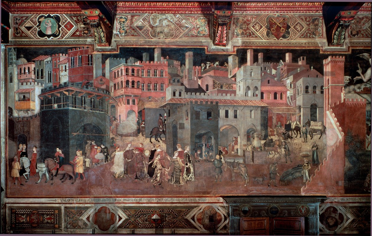 "Effekterna av bra och dåligt styre på staden och landet." Detalj av staden. Fresk av Ambrogio Lorenzetti (1290-1348) av Ambrogio Lorenzetti