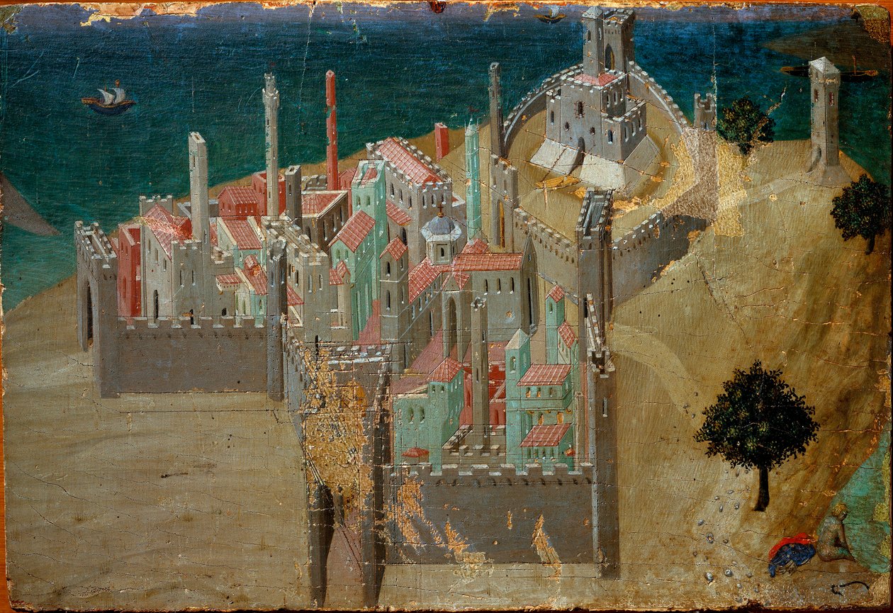 Vy över en befäst stad nära havet Detalj. Detrempe på trä av Ambrogio Lorenzetti av Ambrogio Lorenzetti