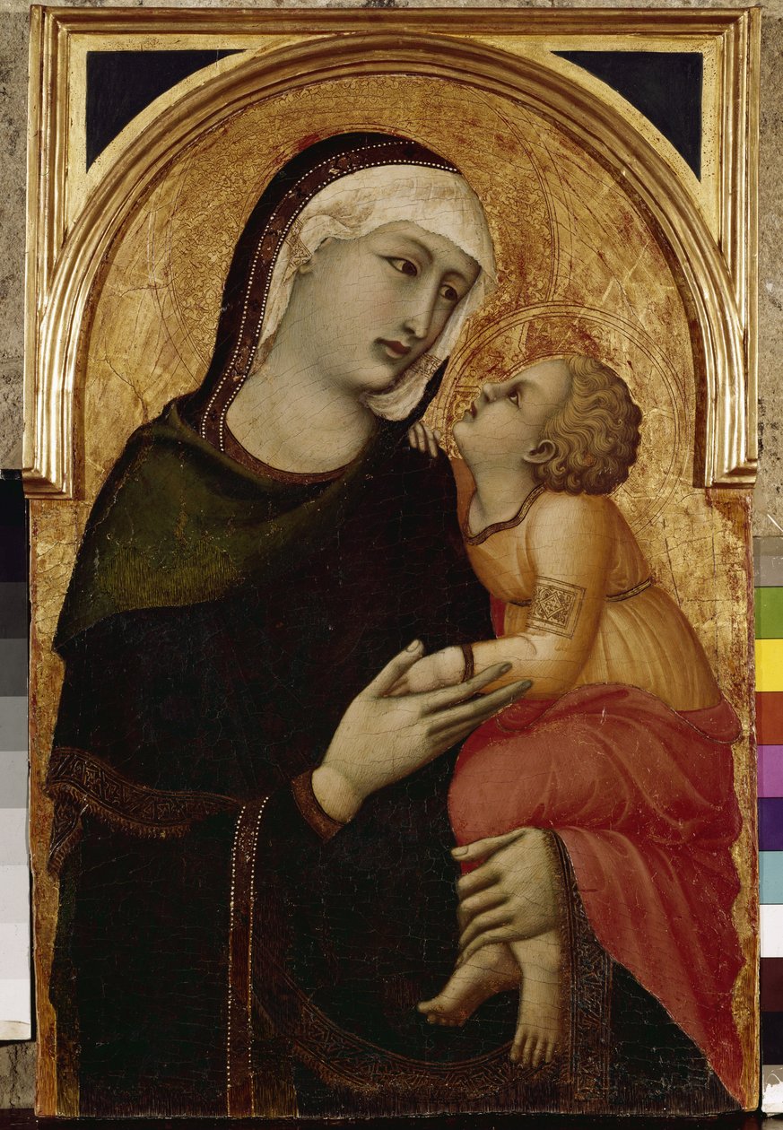 Jungfru och barn (tempera och bladguld på trä av Ambrogio Lorenzetti