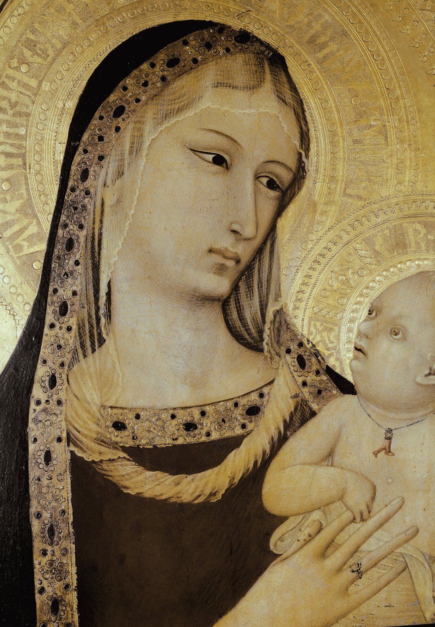 Jungfru och barn, detalj. Triptyk av den helige åklagaren (Tempera på trä av Ambrogio Lorenzetti