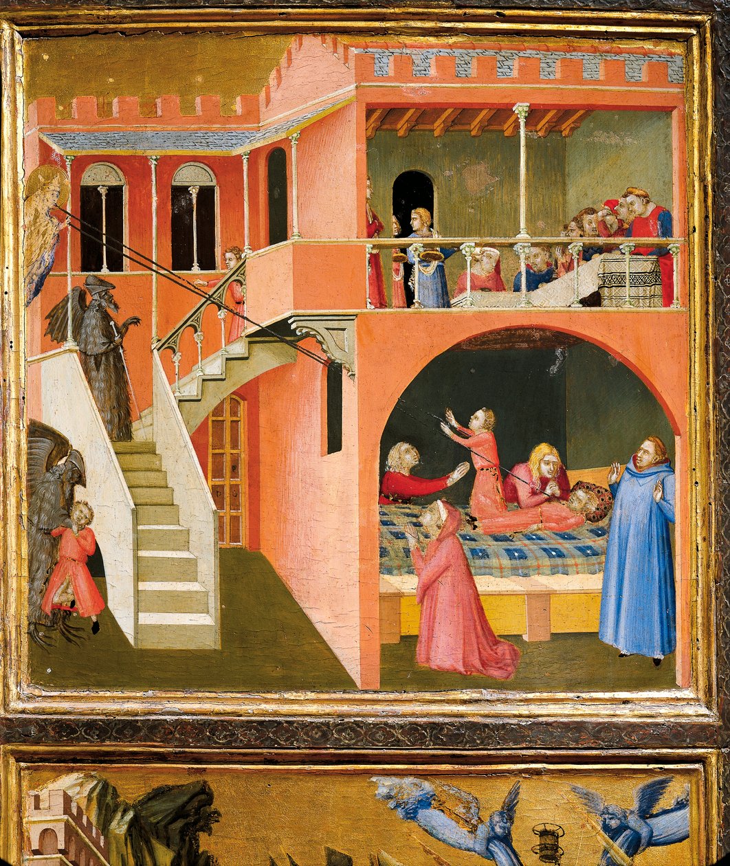 muujiza wa St. Nicholas kufufua mvulana unaotokana na pepo, maelezo kutoka kwa miujiza ya St. Nicholas wa Bariswed av Ambrogio Lorenzetti