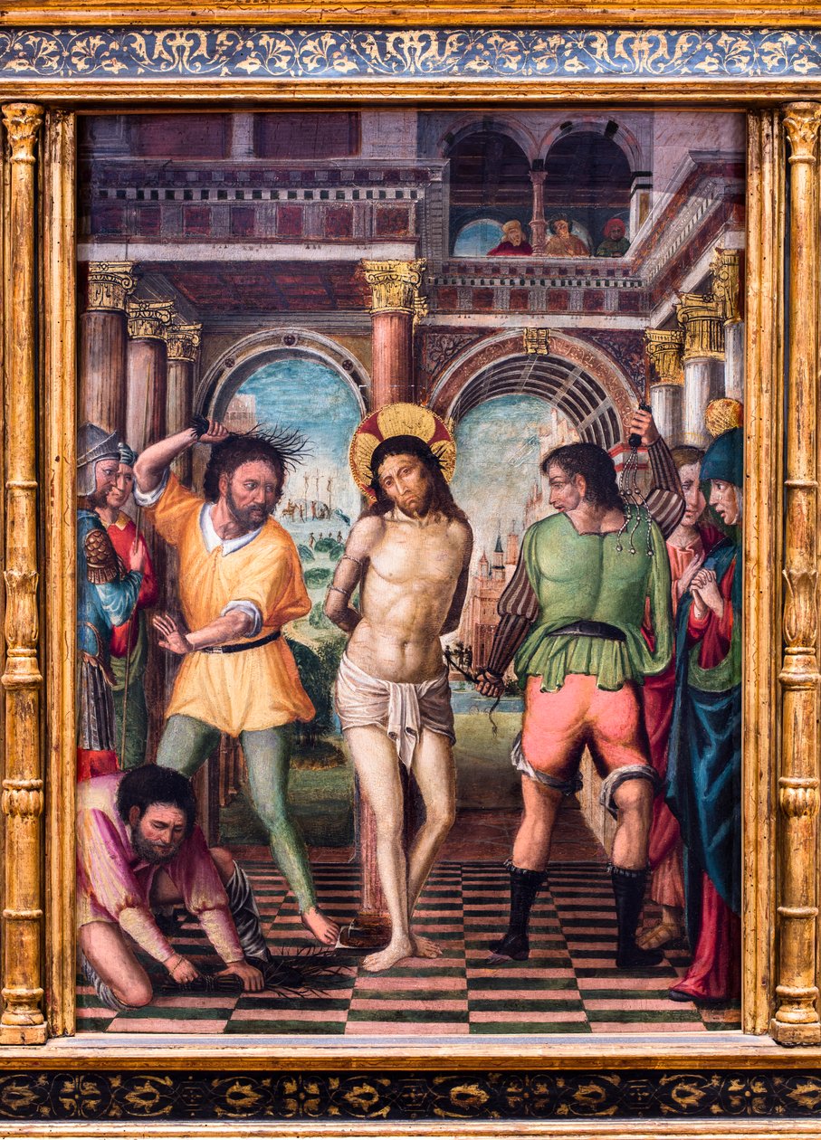 Kristi flagellation. tidigt 1500-tal (Målning på trä) av Ambrogio da Fossano (c.1460-1523) (circle of)