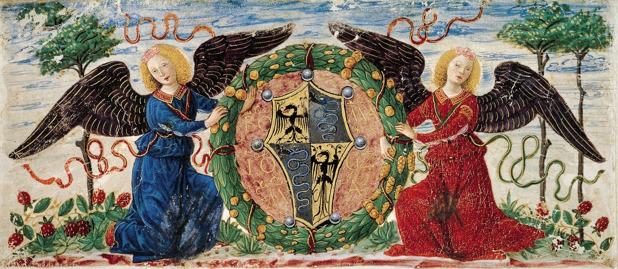 Änglar som håller skölden föreställande Sforzas vapen, Bourgogne minipergament av Ambrogio da Fossano (c.1460 1523)