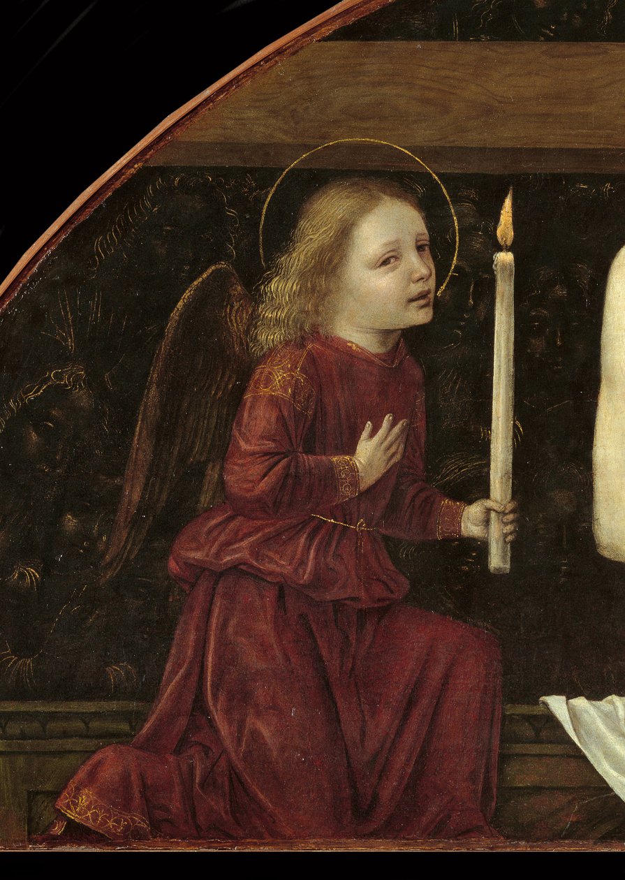 Kristus i Piete omgiven av två änglar Detalj föreställande en ängel som håller ett ljus av Ambrogio da Fossano (c.1460 1523)