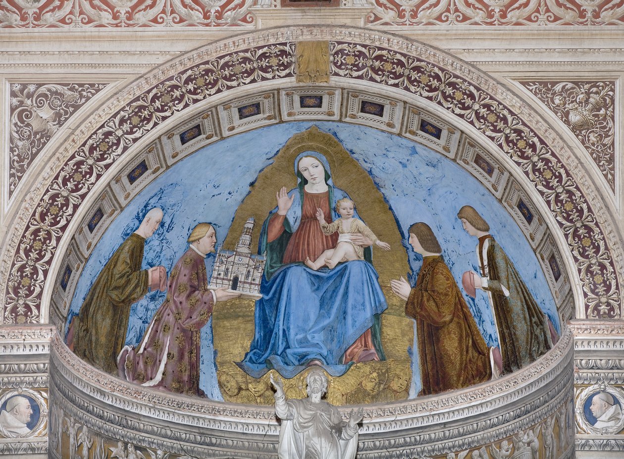 Gian Galeazzo Visconti och hans barn Filippo Maria, Giovanni Maria och Gabriele Maria presenterar modellen av Certosa för Jungfru Maria och barnet (fresk) av Ambrogio da Fossano (c.1460 1523)