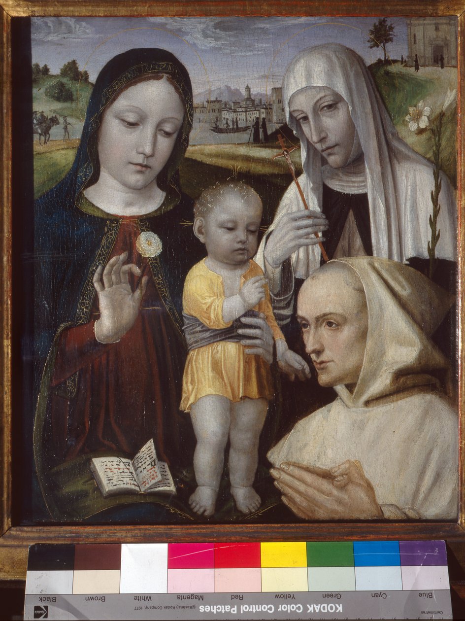 Madonna och barn, den heliga Katarina av Siena och en kartusisk munk av Ambrogio da Fossano (c.1460 1523)