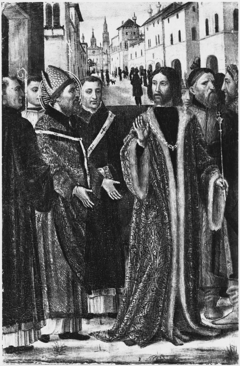 St. Ambrosius vägrar romerske kejsaren Theodosius I den store tillträde till kyrkan i Milano (fresk) (s/v foto) av Ambrogio da Fossano (c.1460 1523)