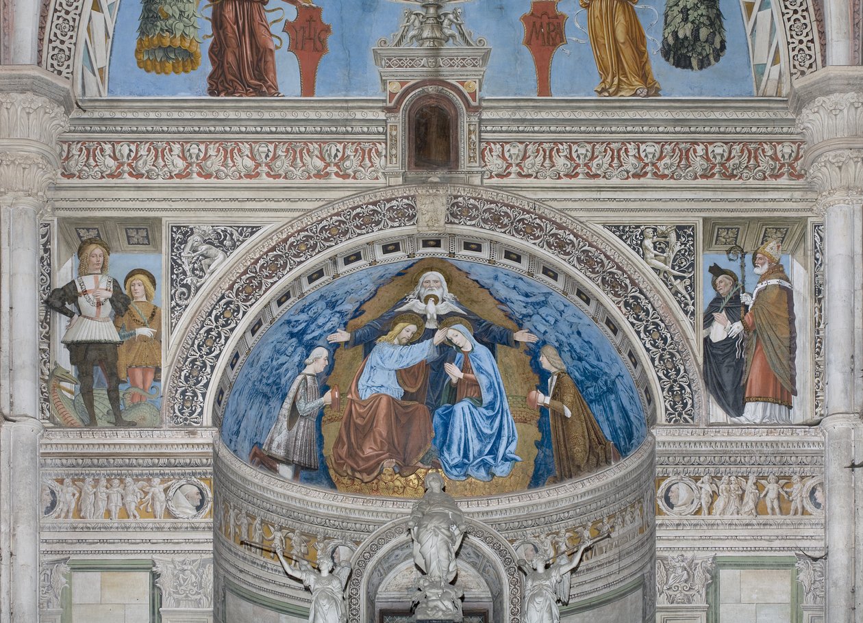 Jungfru Marias kröning med Gud och den helige Ande mellan Francesco och Ludovico Sforza, 1500-1522 av Ambrogio da Fossano