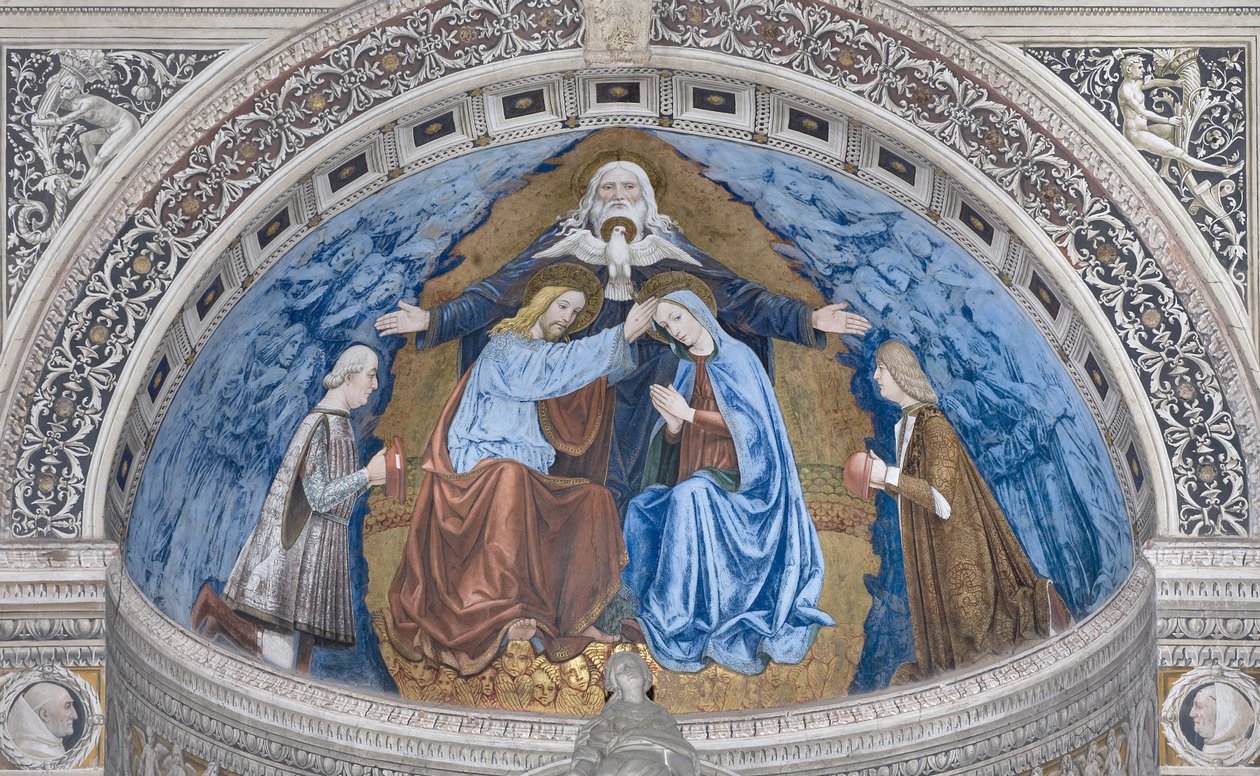 Jungfru Marias kröning med Gud och den helige Ande mellan Francesco och Ludovico Sforza, 1500-1522 av Ambrogio da Fossano