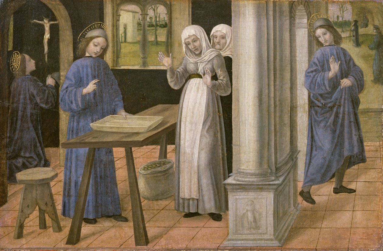 Bönen, silens mirakel och avresan till Subiaco, predellapanel från en altartavla som föreställer scener ur St. Benedictus liv, 1488-95 av Ambrogio da Fossano