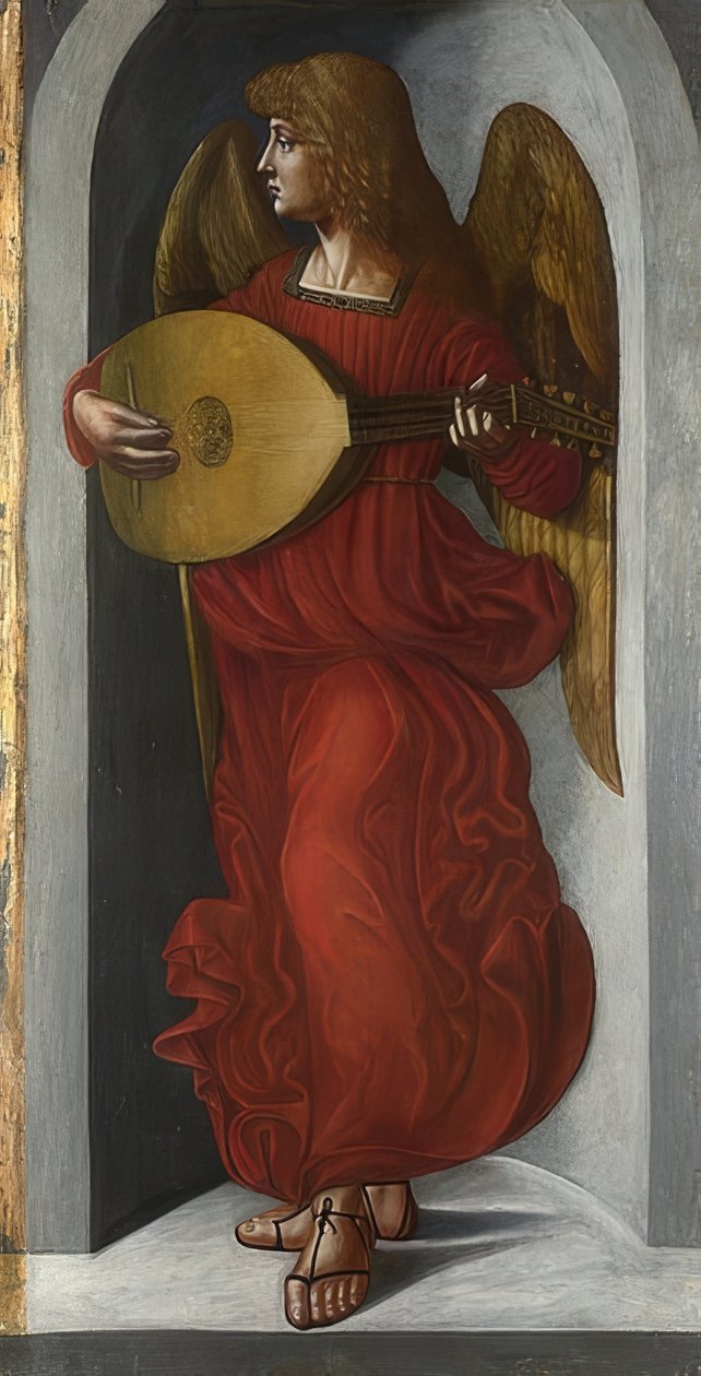 En ängel i rött med en luta (vinge av altaret i San Francesco, Milano). Omkring 1495-99 av Ambrogio de Predis