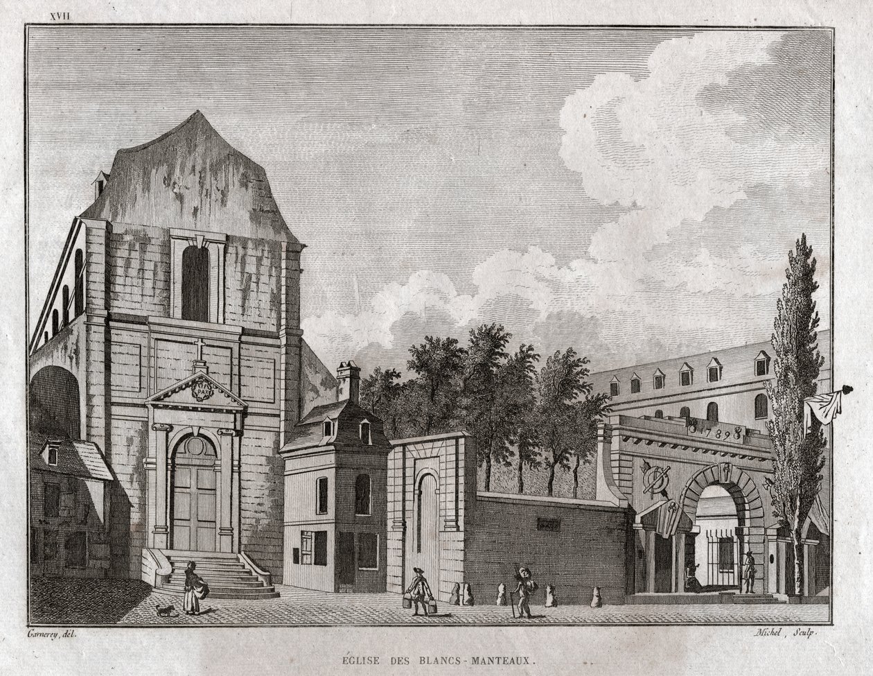 Kyrkan Blancs Manteaux i Marais-distriktet i Paris. cirka 1780 (gravyr) av Ambroise Louis Garneray
