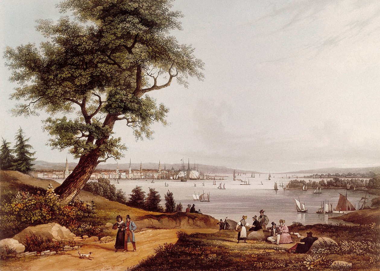 Utsikt över New York City 1840. Litografi av Louis Ambroise Garneray (1783-1857). Paris. B.N. av Ambroise Louis Garneray