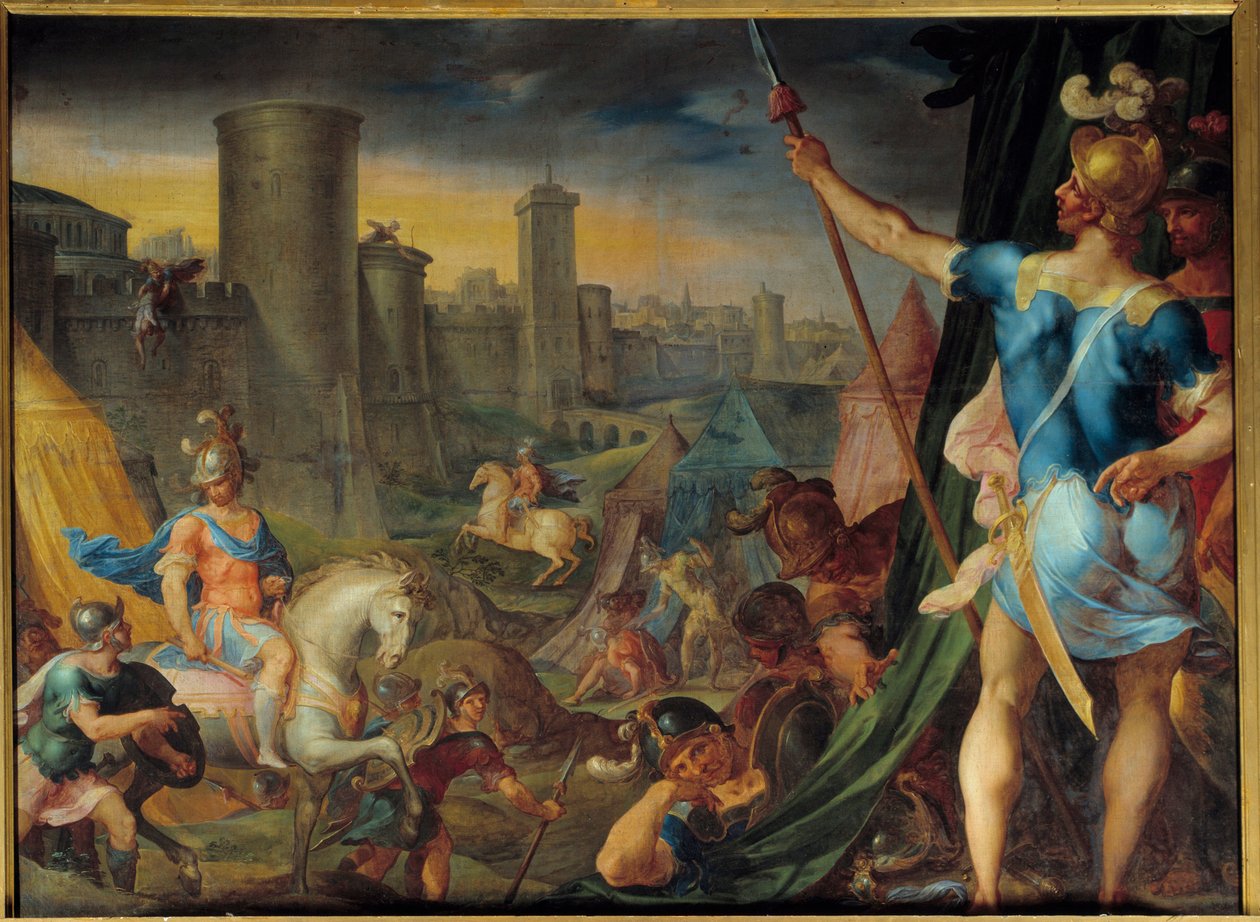 Croisenas läger framför Jerusalem Från serien "" Histoire de Tancrede et de Clorinde"" som illustrerar "" La jerusalem delibree""" av poeten Le Tasse (Il tasso) Målning av Ambroise Dubois (1542-1614) Sun . 1,62 x 2,15 m Fontainebleau. Slott av Ambroise Dubois