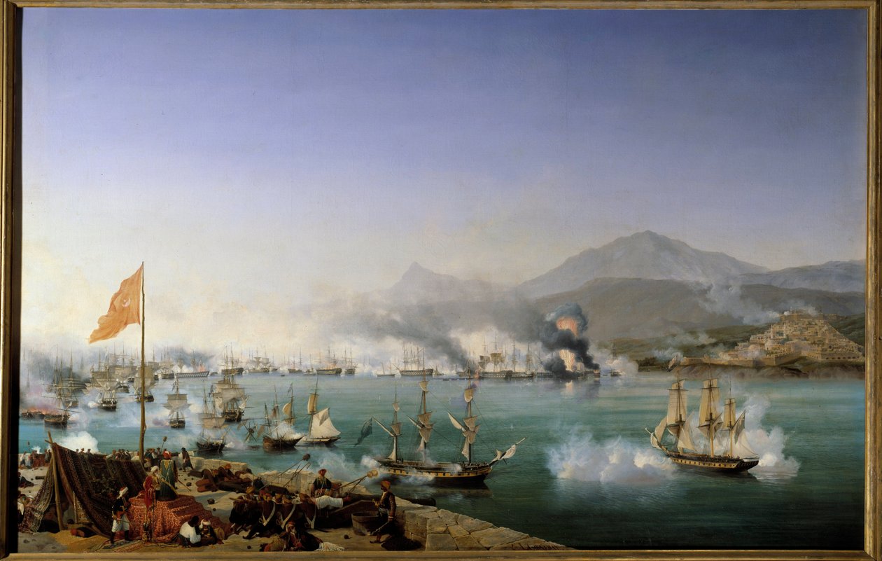 Grekiska självständighetskriget: “” Utsikt över Navarins sjöslag den 20/10/1827”” Det ägde rum i Navarin Bay (Pylos, västra Peloponnesos) mellan den ottomanska flottan och en fransk-anglo-rysk flotta. Målning av Ambroise Louis Garneray (1783-1857) 1831 Sön av Ambroise Louis Garneray