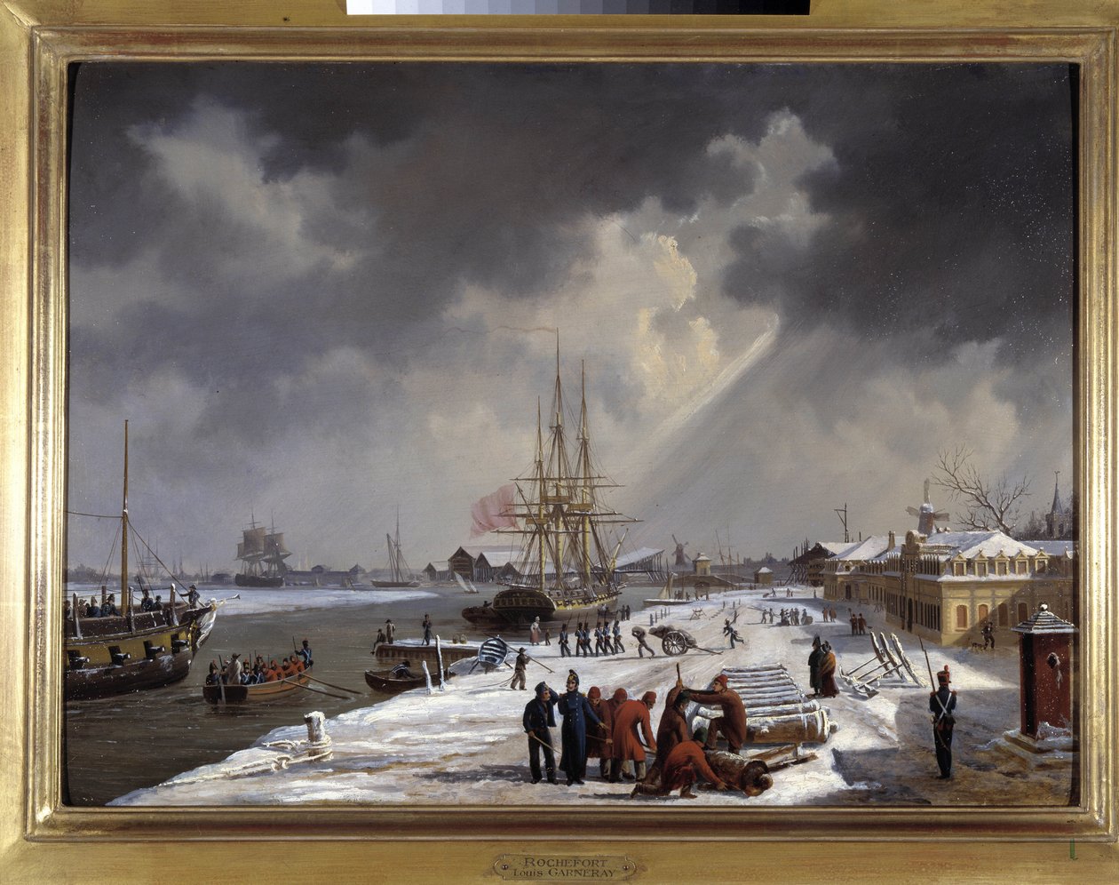 Le port de Rochefort av Louis Garneray, sd. omkr. 1820, Olja på duk, H. 0,330; L. 0,460. CCIP Coll. av Ambroise Louis Garneray